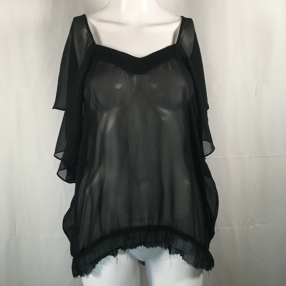Natasha Gan Shirt Womens Sz 8 UK 12 Black‎ Semi Sheer Flutter Sleeve Top